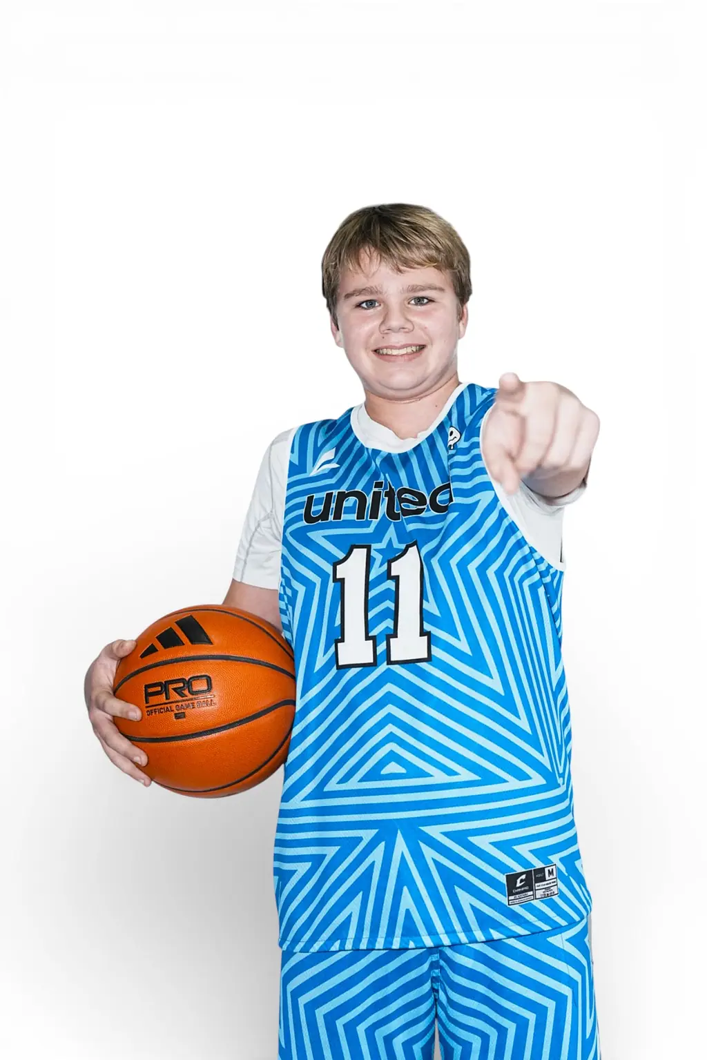 Young player in blue uniform pointing forward